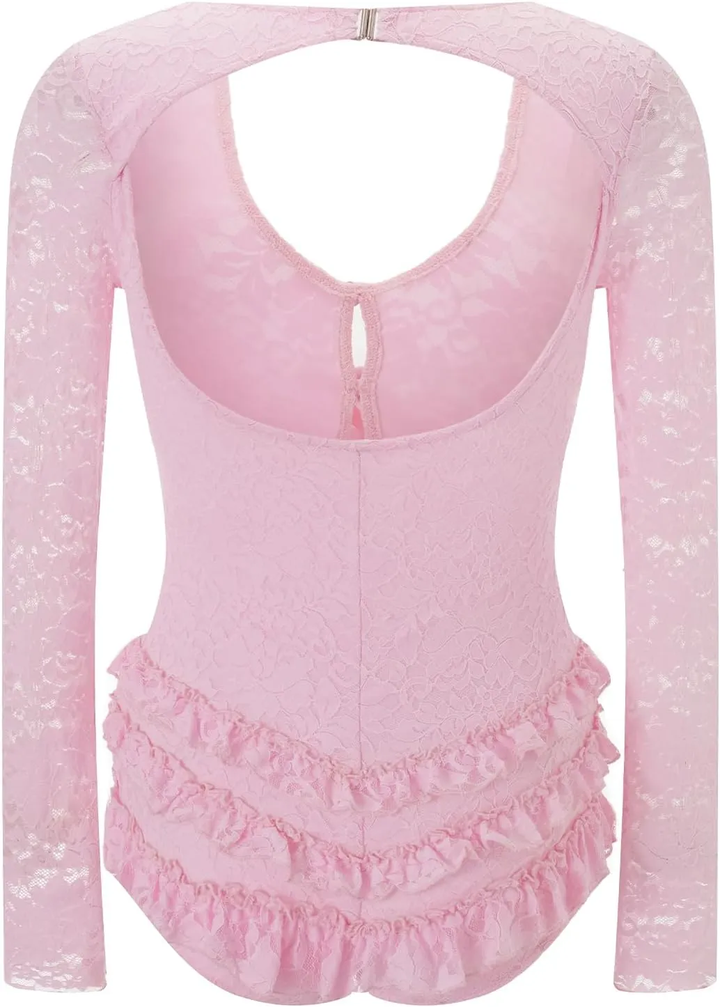 SOLILOQUY Women Sexy Hollow Out Lace Bodysuit Y2K Long Sleeve Bow Cutout Open Back Ruffle Tiered Mini Dress Party Clubwear