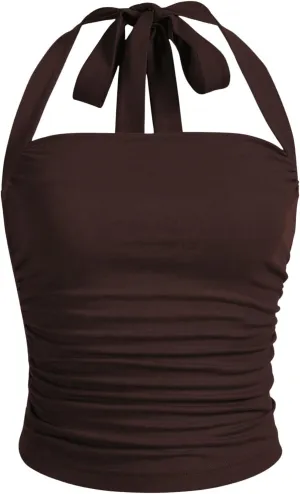 SOLY HUX Women's Ruched Halter Y2K Crop Tops Tie Back Sleeveless Slim Fit Cami Tops