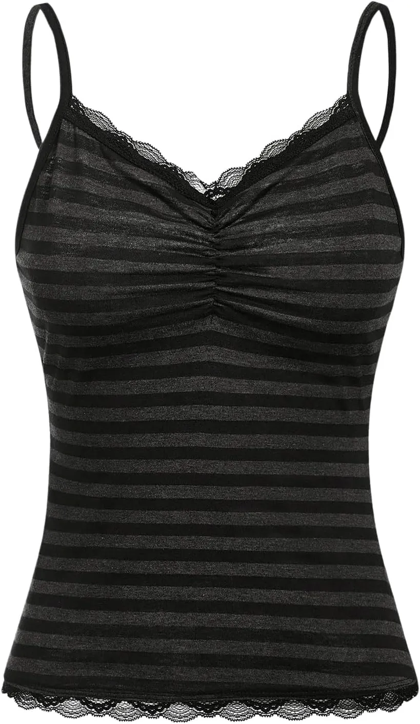 SOLY HUX Women's Y2k Tank Tops Striped Lace Trim Cami Tops Summer V Neck Fitted Camisole Shirts