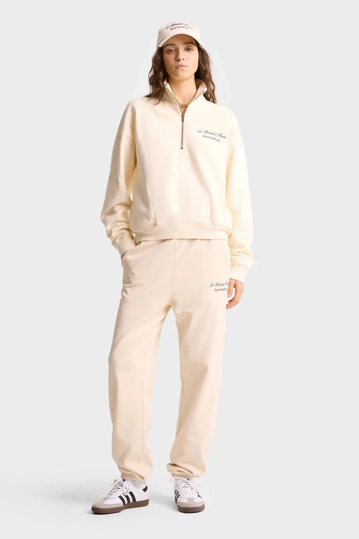 Sporty & Rich Faubourg Quarter Zip Sweatshirt - Cream/ Chocolate