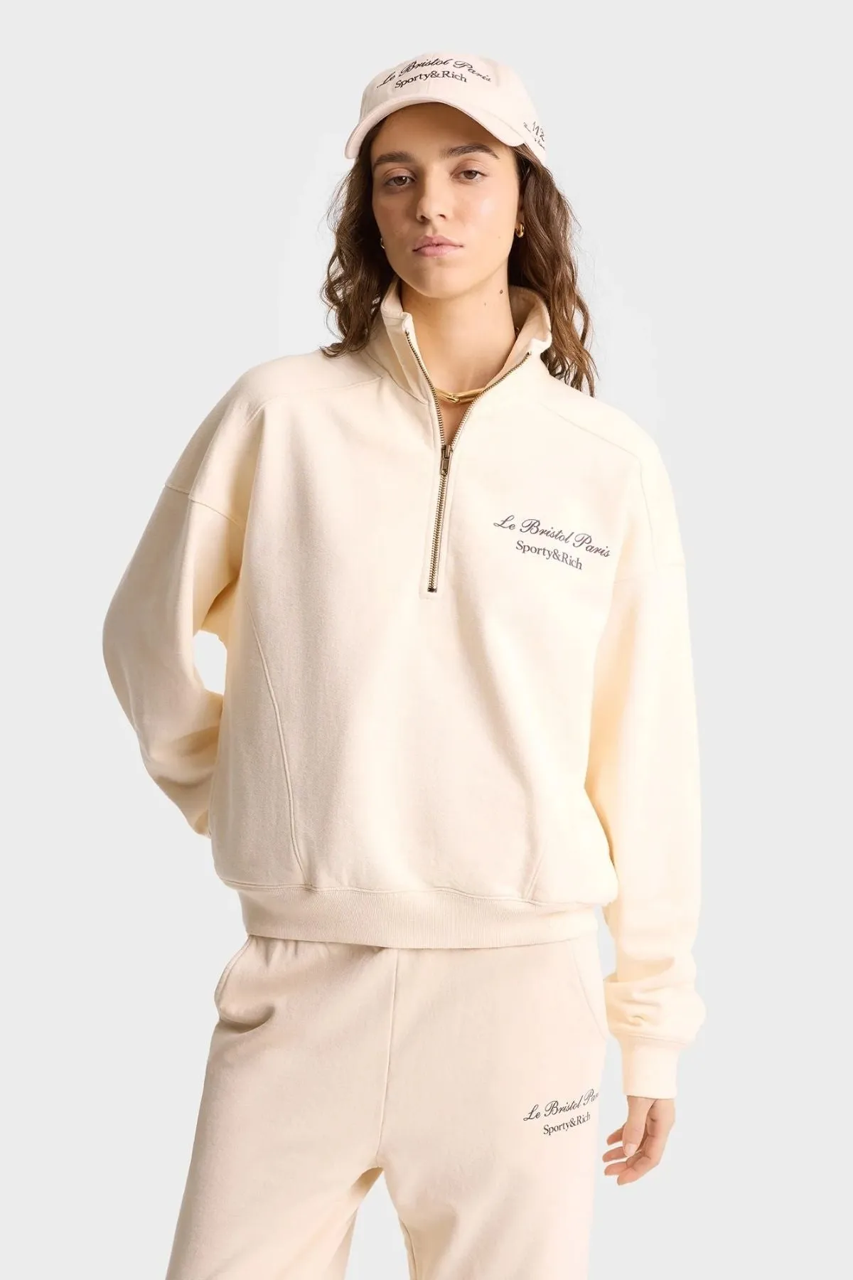 Sporty & Rich Faubourg Quarter Zip Sweatshirt - Cream/ Chocolate