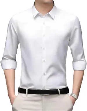 Spring Summer Long-Sleeved Mens Satin Shirt Thin Business Dress Silk Wrinkle Resistant Non-Ironing Solid Color Collar White