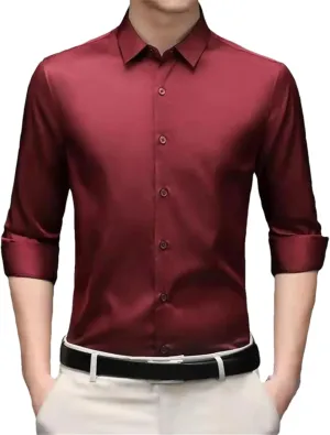 Spring Summer Long-Sleeved Mens Satin Shirt Thin Business Dress Silk Wrinkle Resistant Non-Ironing Solid Color Collar Wine Red