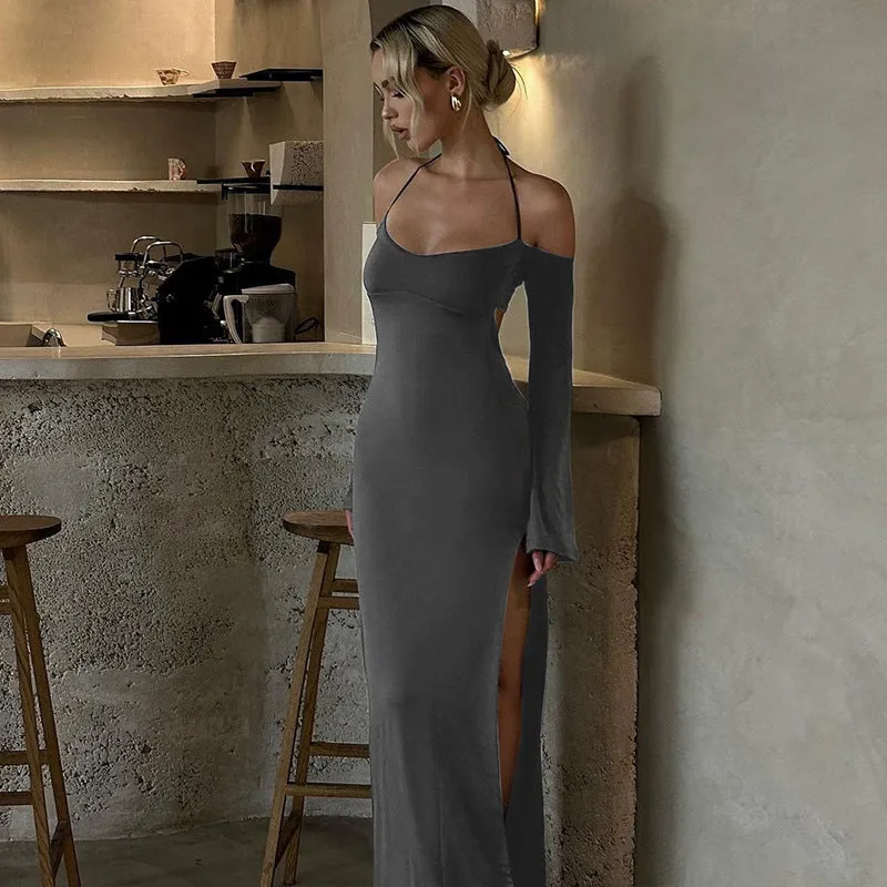 Sultry Backless Slit Monochrome Strapless Maxi Dress