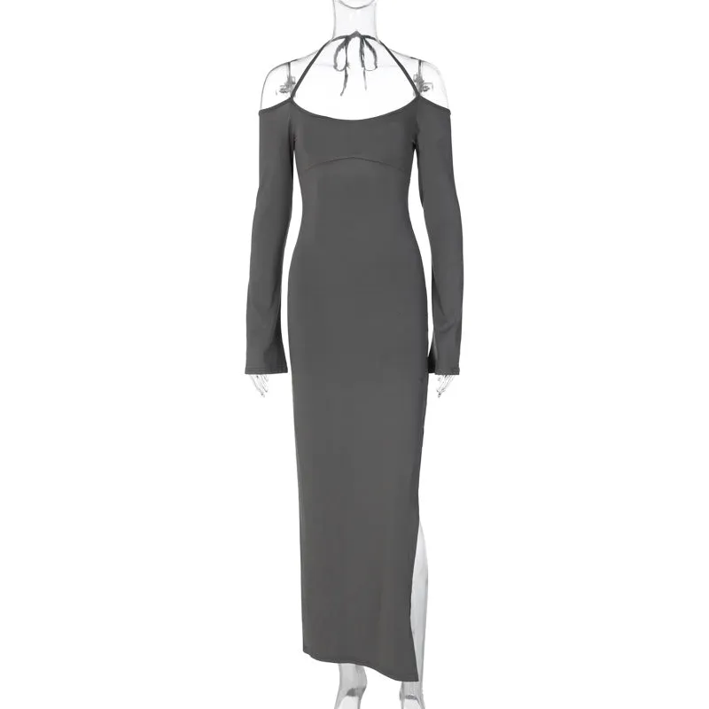Sultry Backless Slit Monochrome Strapless Maxi Dress