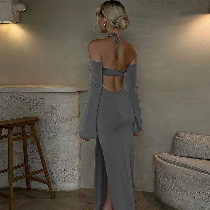 Sultry Backless Slit Monochrome Strapless Maxi Dress