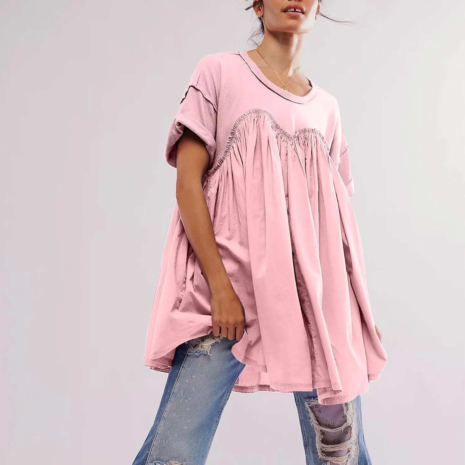 Summer Babydoll Dresses for Women Mini Casual Dress Dressy Short Sleeve Tops Patchwork Ruffle Dress, Small