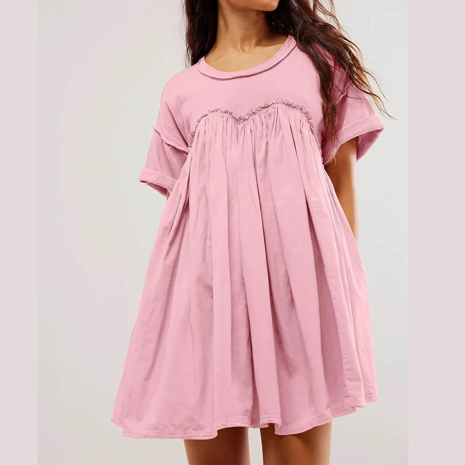 Summer Babydoll Dresses for Women Mini Casual Dress Dressy Short Sleeve Tops Patchwork Ruffle Dress, Small