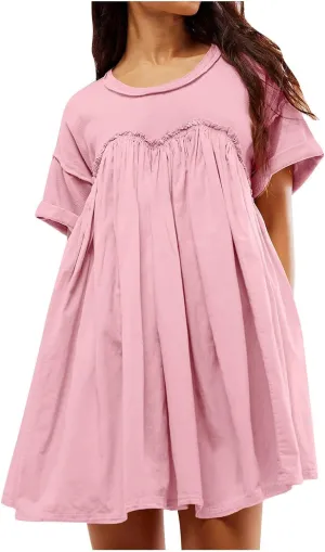 Summer Babydoll Dresses for Women Mini Casual Dress Dressy Short Sleeve Tops Patchwork Ruffle Dress, Small