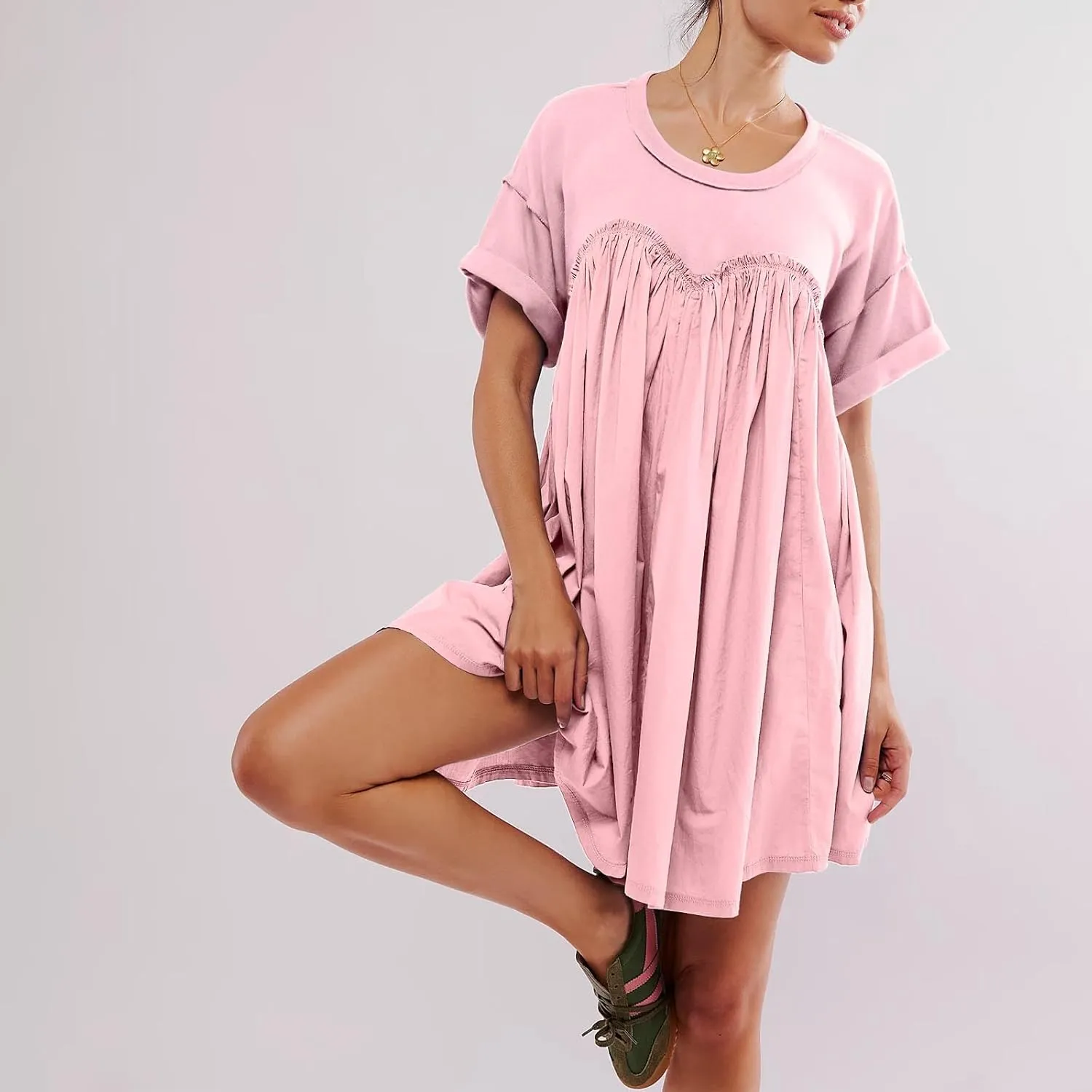 Summer Babydoll Dresses for Women Mini Casual Dress Dressy Short Sleeve Tops Patchwork Ruffle Dress, Small