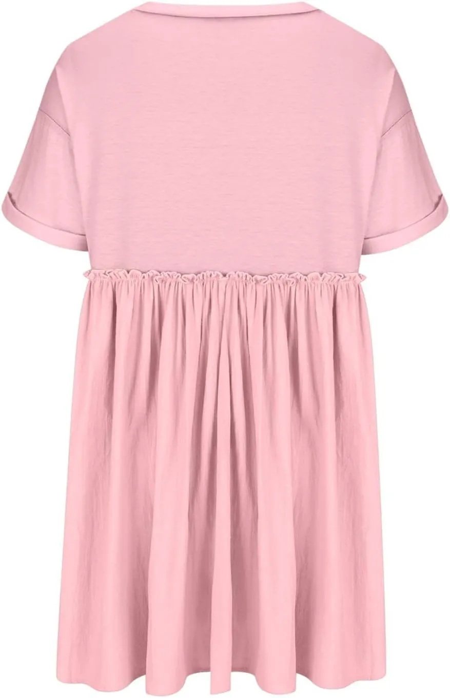 Summer Babydoll Dresses for Women Mini Casual Dress Dressy Short Sleeve Tops Patchwork Ruffle Dress, Small