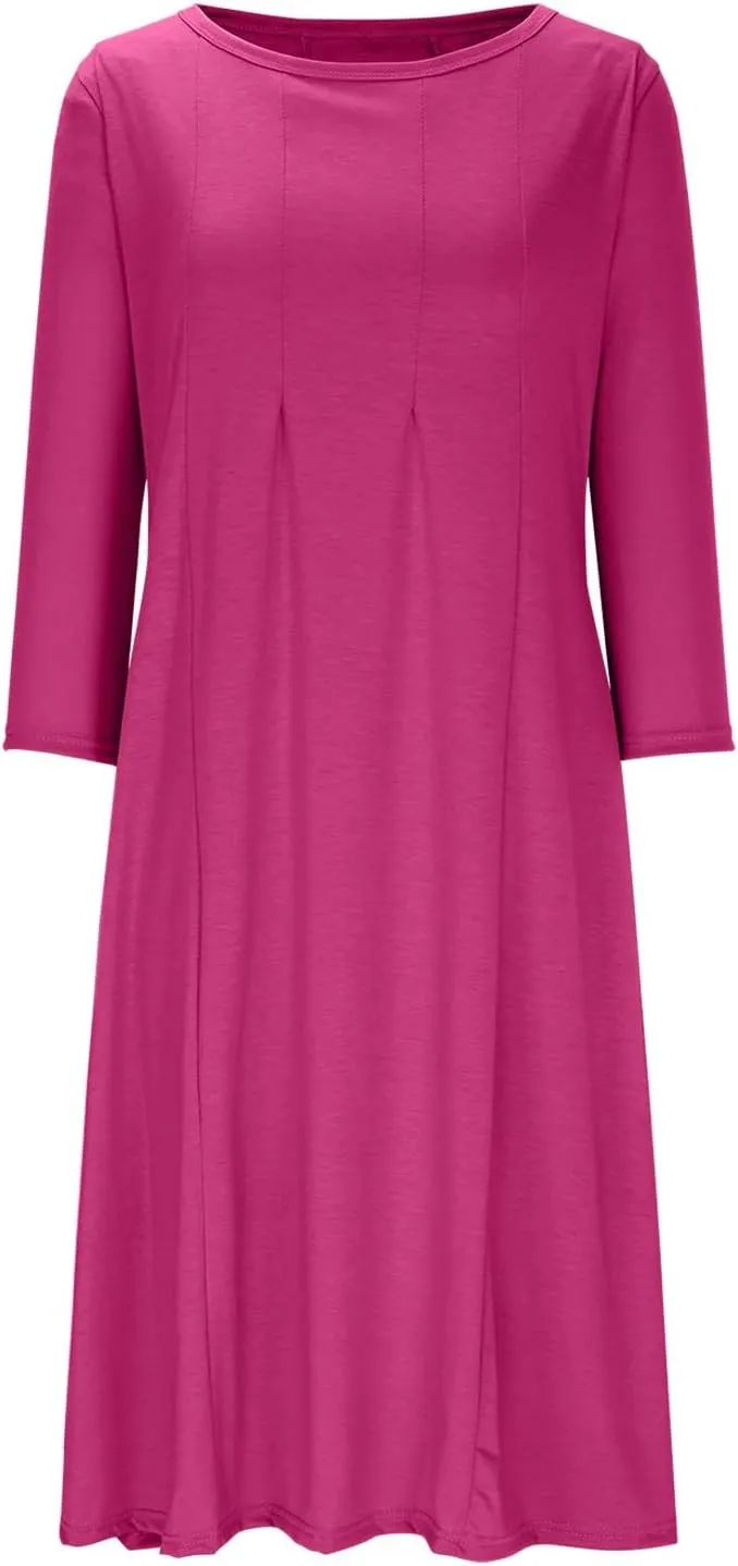 Summer Beach Dress for Women Casual 3/4 Sleeve A-line and Flare Midi Long Dress Pleated Loose Fit Flowy Dresses