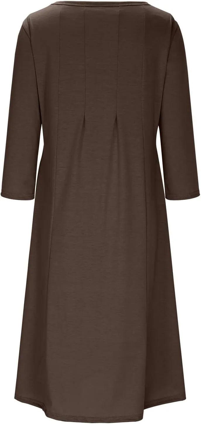 Summer Beach Dress for Women Casual 3/4 Sleeve A-line and Flare Midi Long Dress Pleated Loose Fit Flowy Dresses