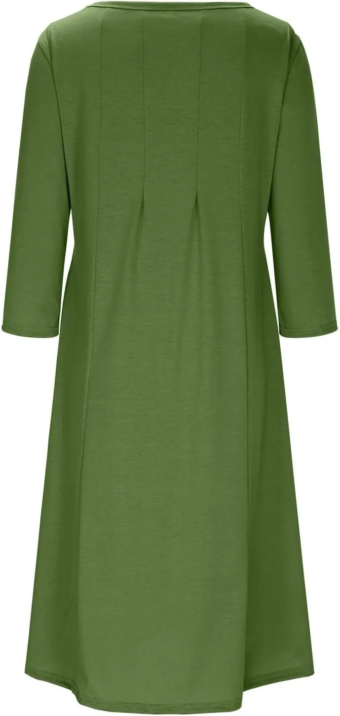 Summer Beach Dress for Women Casual 3/4 Sleeve A-line and Flare Midi Long Dress Pleated Loose Fit Flowy Dresses