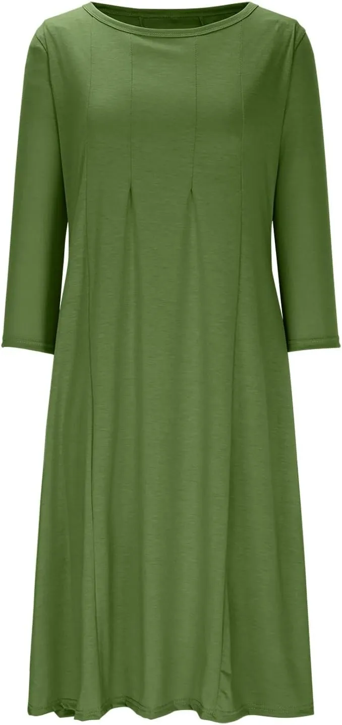 Summer Beach Dress for Women Casual 3/4 Sleeve A-line and Flare Midi Long Dress Pleated Loose Fit Flowy Dresses