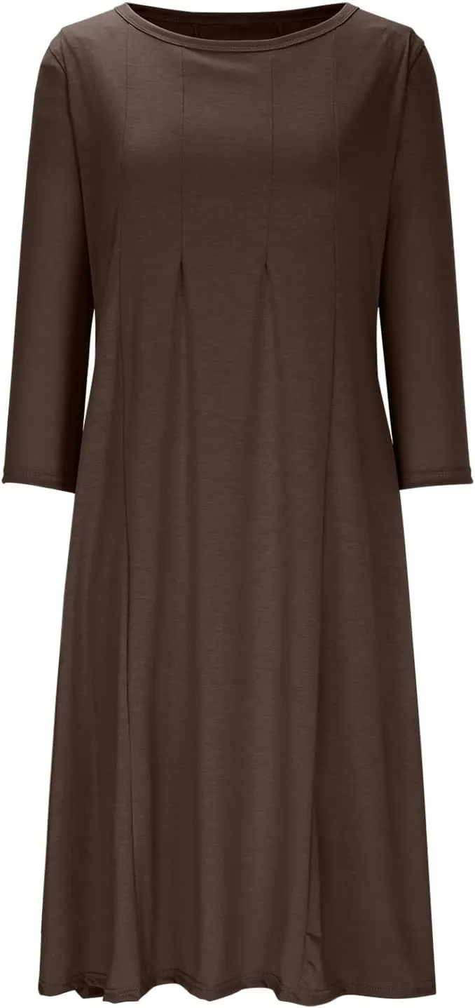 Summer Beach Dress for Women Casual 3/4 Sleeve A-line and Flare Midi Long Dress Pleated Loose Fit Flowy Dresses