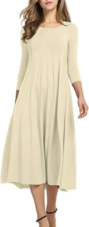 Summer Beach Dress for Women Casual 3/4 Sleeve A-line and Flare Midi Long Dress Pleated Loose Fit Flowy Dresses