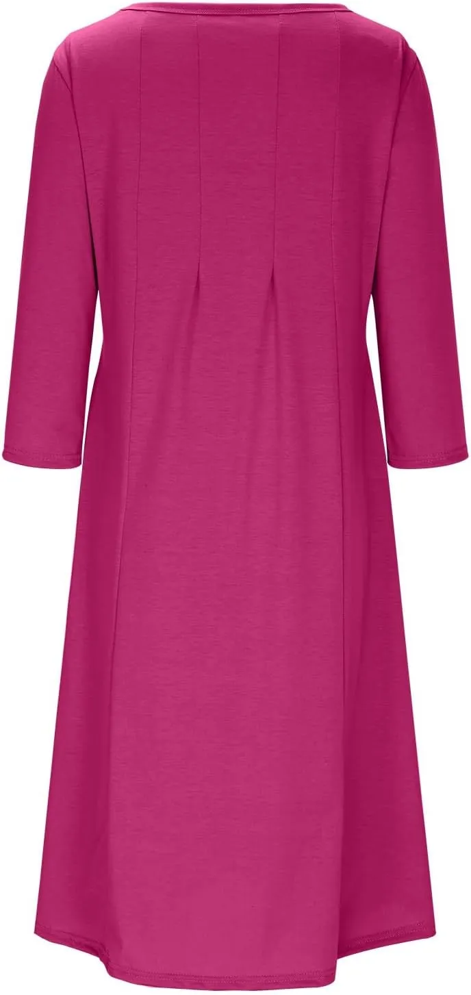 Summer Beach Dress for Women Casual 3/4 Sleeve A-line and Flare Midi Long Dress Pleated Loose Fit Flowy Dresses