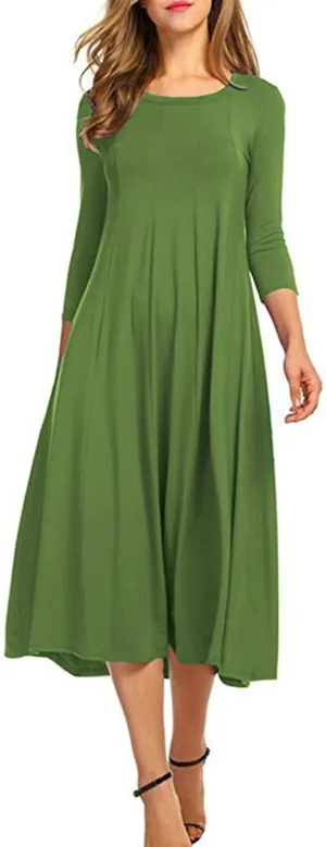 Summer Beach Dress for Women Casual 3/4 Sleeve A-line and Flare Midi Long Dress Pleated Loose Fit Flowy Dresses
