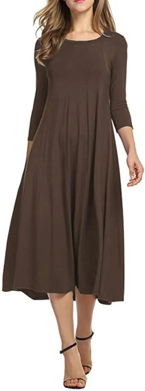 Summer Beach Dress for Women Casual 3/4 Sleeve A-line and Flare Midi Long Dress Pleated Loose Fit Flowy Dresses