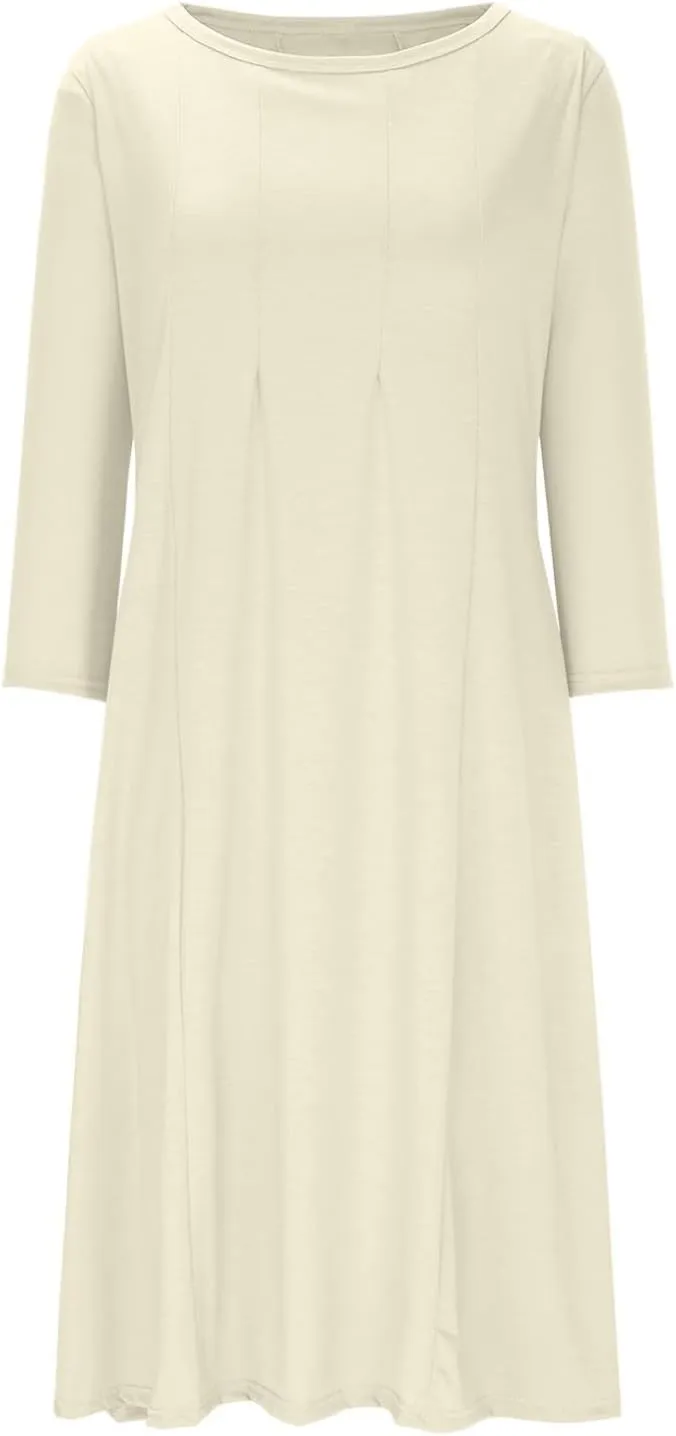 Summer Beach Dress for Women Casual 3/4 Sleeve A-line and Flare Midi Long Dress Pleated Loose Fit Flowy Dresses