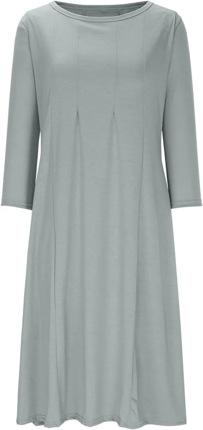 Summer Beach Dress for Women Casual 3/4 Sleeve A-line and Flare Midi Long Dress Pleated Loose Fit Flowy Dresses
