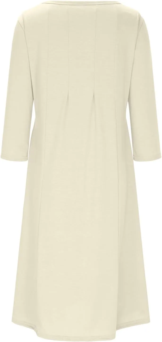 Summer Beach Dress for Women Casual 3/4 Sleeve A-line and Flare Midi Long Dress Pleated Loose Fit Flowy Dresses