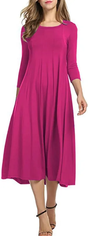 Summer Beach Dress for Women Casual 3/4 Sleeve A-line and Flare Midi Long Dress Pleated Loose Fit Flowy Dresses