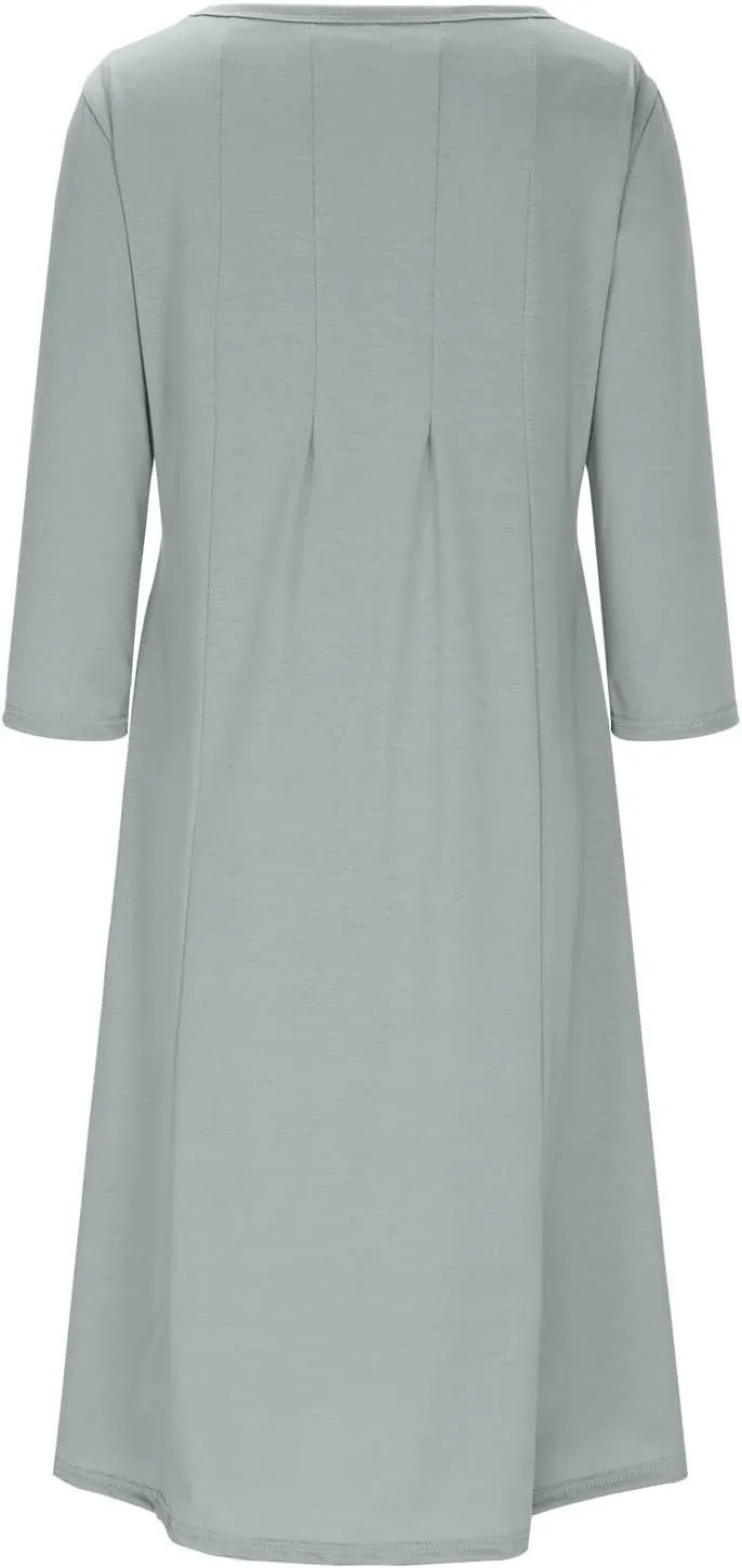 Summer Beach Dress for Women Casual 3/4 Sleeve A-line and Flare Midi Long Dress Pleated Loose Fit Flowy Dresses