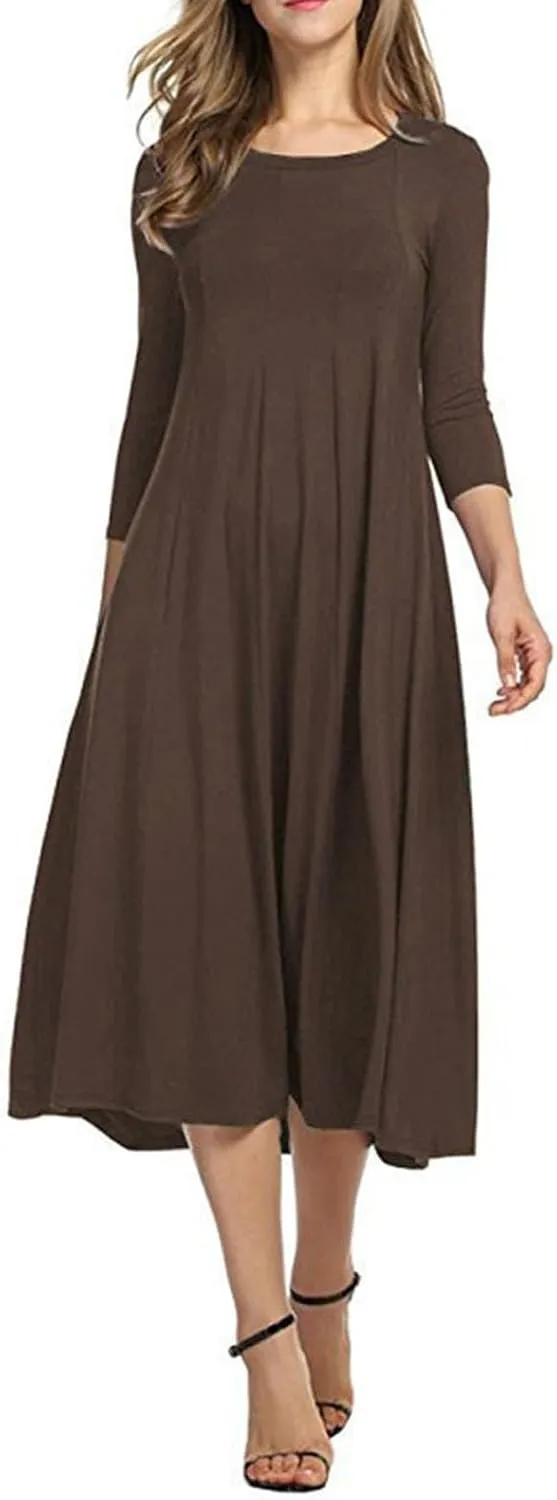 Summer Beach Dress for Women Casual 3/4 Sleeve A-line and Flare Midi Long Dress Pleated Loose Fit Flowy Dresses