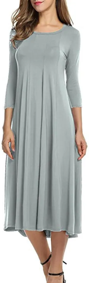 Summer Beach Dress for Women Casual 3/4 Sleeve A-line and Flare Midi Long Dress Pleated Loose Fit Flowy Dresses