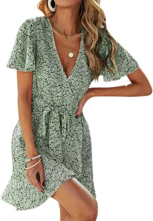 Summer Casual Women's Floral Tie Front Ruffle Mini Dress V Neck Party Short Sleeve A Line Flare Beach Dresses