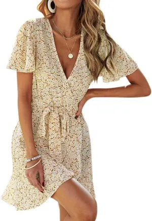 Summer Casual Women's Floral Tie Front Ruffle Mini Dress V Neck Party Short Sleeve A Line Flare Beach Dresses