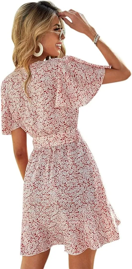 Summer Casual Women's Floral Tie Front Ruffle Mini Dress V Neck Party Short Sleeve A Line Flare Beach Dresses
