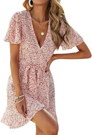 Summer Casual Women's Floral Tie Front Ruffle Mini Dress V Neck Party Short Sleeve A Line Flare Beach Dresses