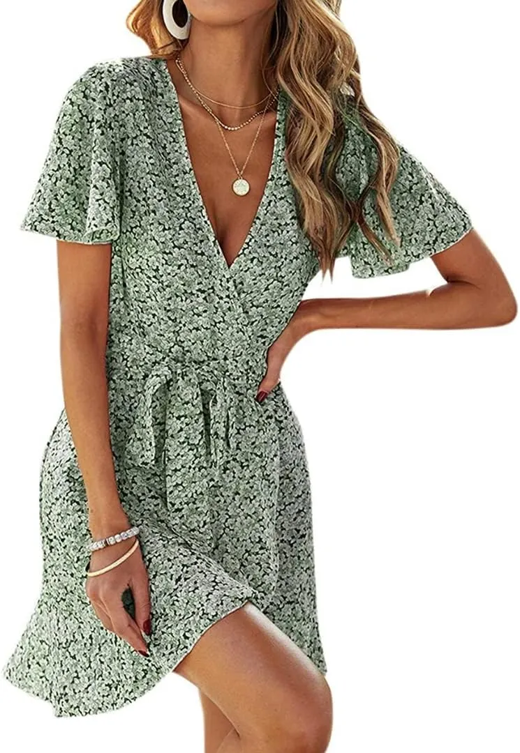 Summer Casual Women's Floral Tie Front Ruffle Mini Dress V Neck Party Short Sleeve A Line Flare Beach Dresses