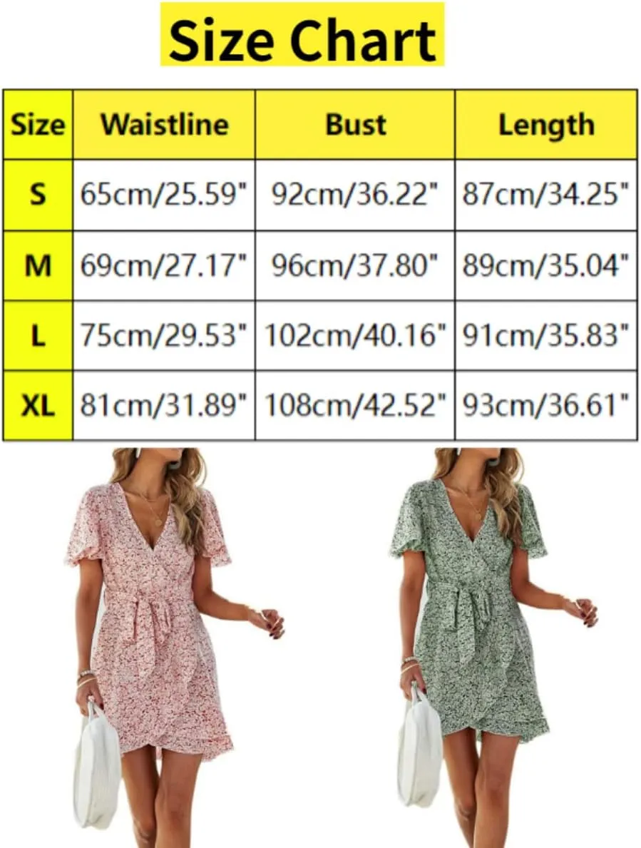 Summer Casual Women's Floral Tie Front Ruffle Mini Dress V Neck Party Short Sleeve A Line Flare Beach Dresses