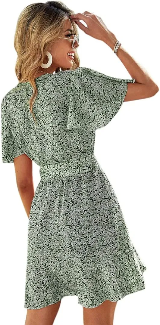 Summer Casual Women's Floral Tie Front Ruffle Mini Dress V Neck Party Short Sleeve A Line Flare Beach Dresses