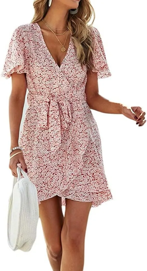Summer Casual Women's Floral Tie Front Ruffle Mini Dress V Neck Party Short Sleeve A Line Flare Beach Dresses