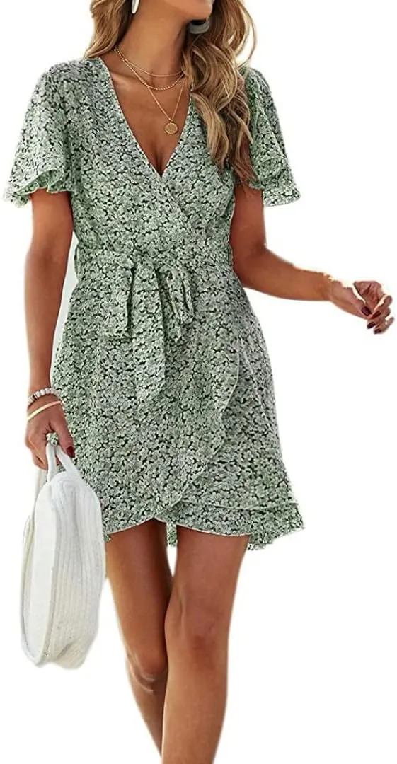 Summer Casual Women's Floral Tie Front Ruffle Mini Dress V Neck Party Short Sleeve A Line Flare Beach Dresses