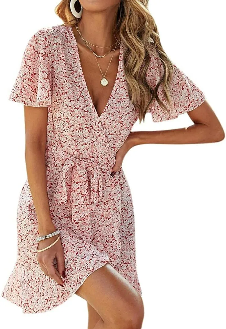 Summer Casual Women's Floral Tie Front Ruffle Mini Dress V Neck Party Short Sleeve A Line Flare Beach Dresses