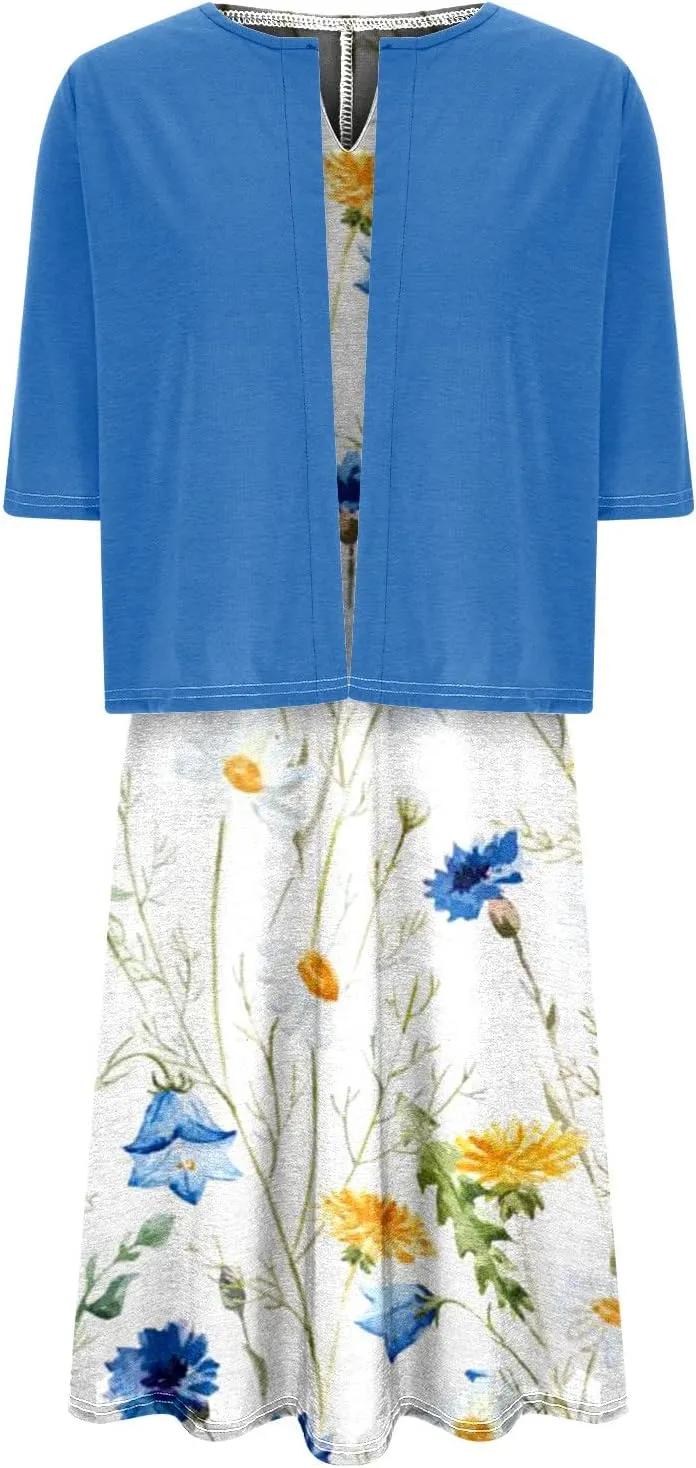Summer Dress for Womens 2024 Floral Boho Two Piece Dresses with Cardigan Short Sleeve V Neck Flowy A-Line Maxi Dress