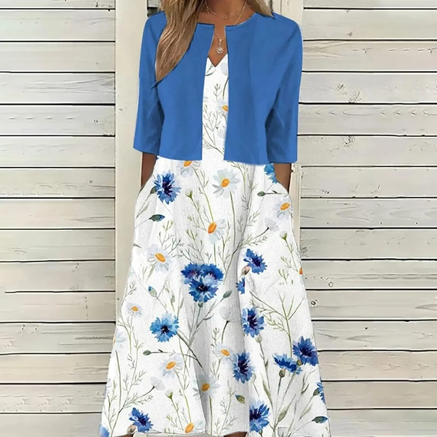 Summer Dress for Womens 2024 Floral Boho Two Piece Dresses with Cardigan Short Sleeve V Neck Flowy A-Line Maxi Dress
