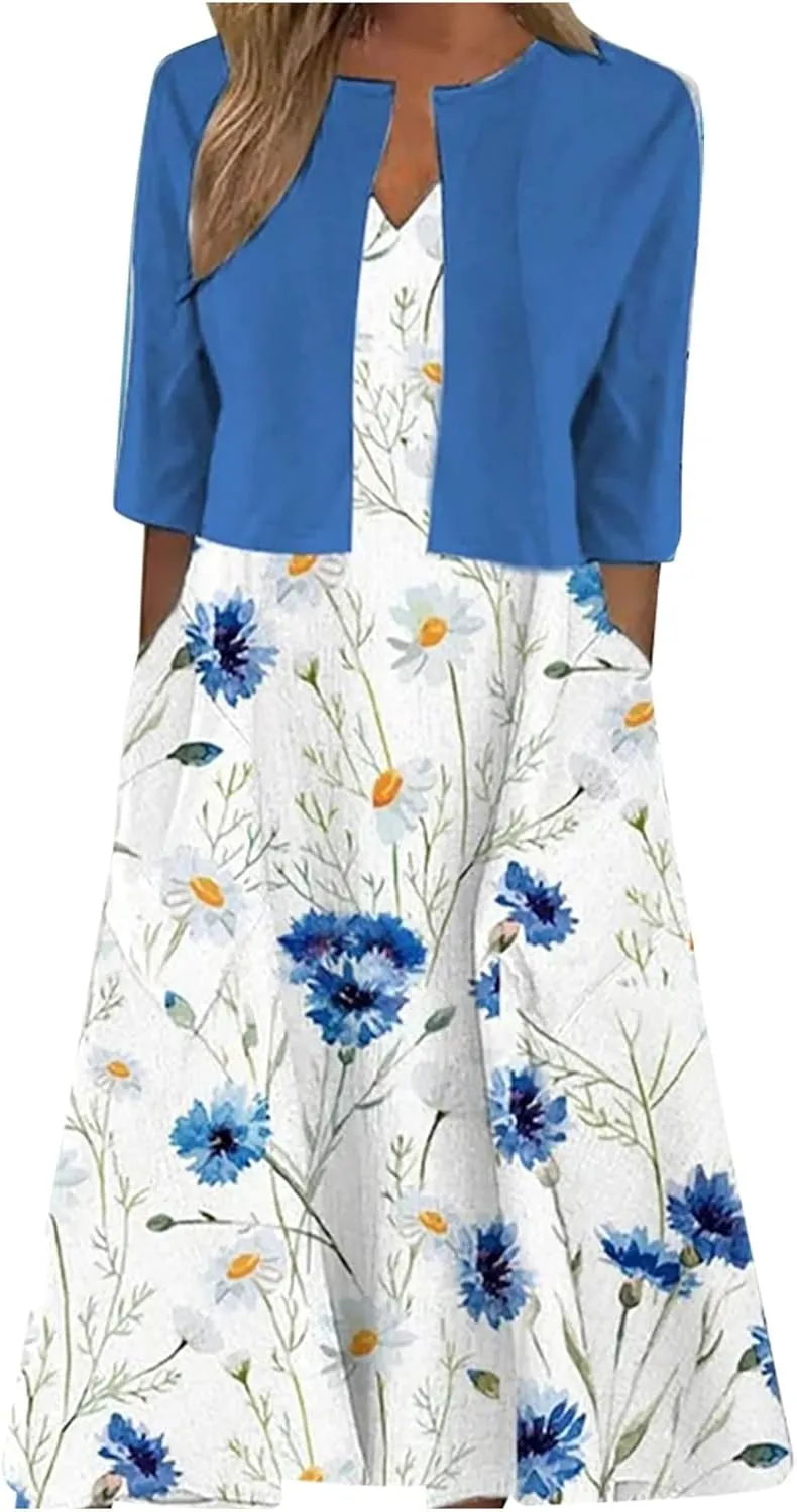 Summer Dress for Womens 2024 Floral Boho Two Piece Dresses with Cardigan Short Sleeve V Neck Flowy A-Line Maxi Dress