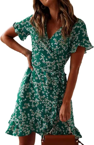 Summer Floral Ruffle V-Neck Wrap Dress Short Sleeve Mini Dress Fashion Party Beach Sundresses