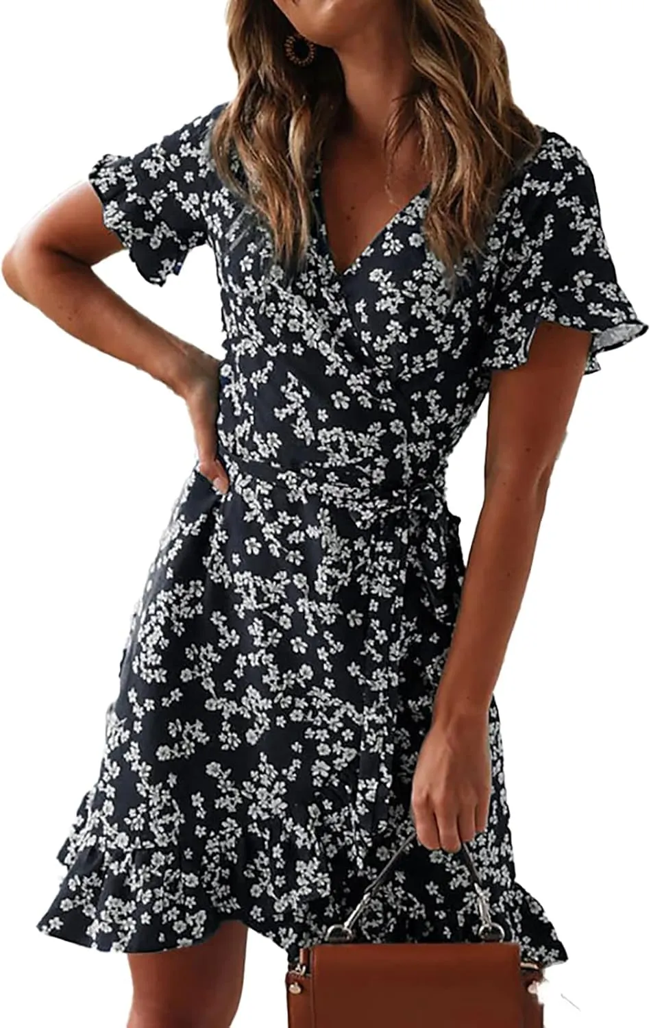 Summer Floral Ruffle V-Neck Wrap Dress Short Sleeve Mini Dress Fashion Party Beach Sundresses