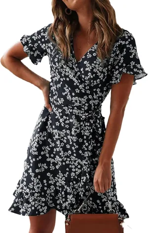 Summer Floral Ruffle V-Neck Wrap Dress Short Sleeve Mini Dress Fashion Party Beach Sundresses