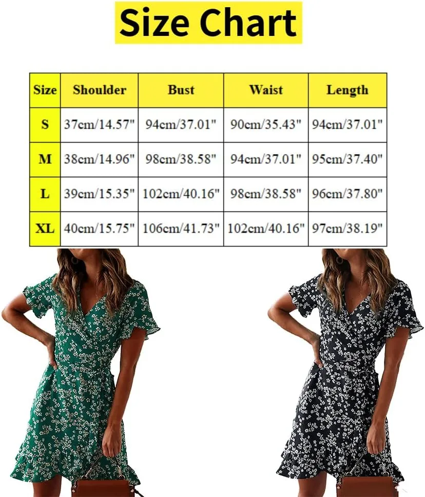 Summer Floral Ruffle V-Neck Wrap Dress Short Sleeve Mini Dress Fashion Party Beach Sundresses