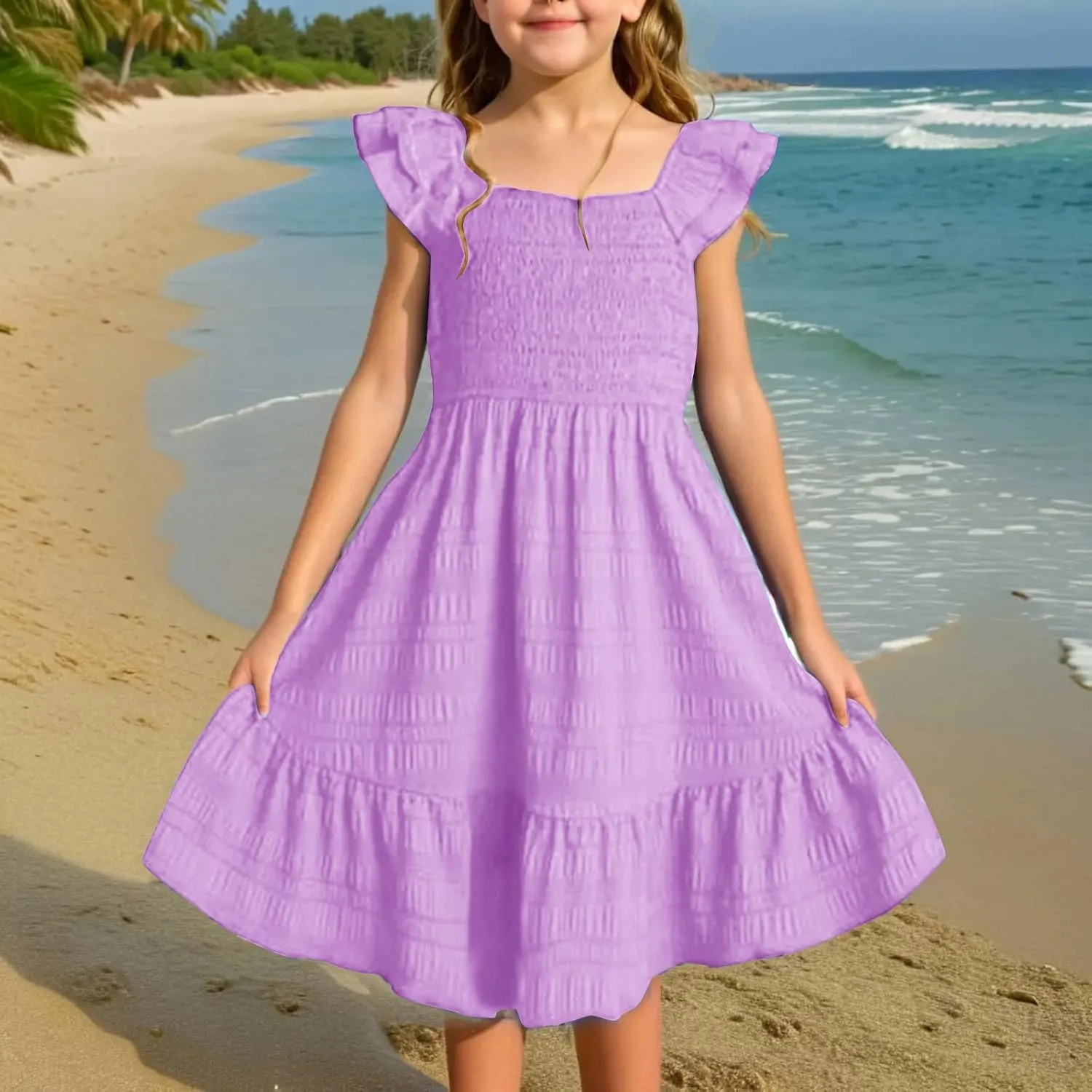 Summer Girl's Dresses Solid Square Neck Sleeveless Mini Dress Ruffle Waisted Fashion Loose Dress for Kids 3-13 Years