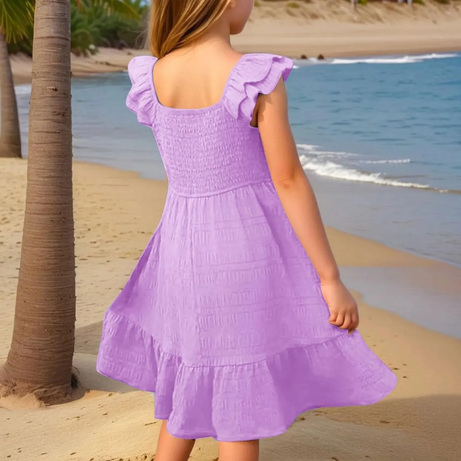 Summer Girl's Dresses Solid Square Neck Sleeveless Mini Dress Ruffle Waisted Fashion Loose Dress for Kids 3-13 Years